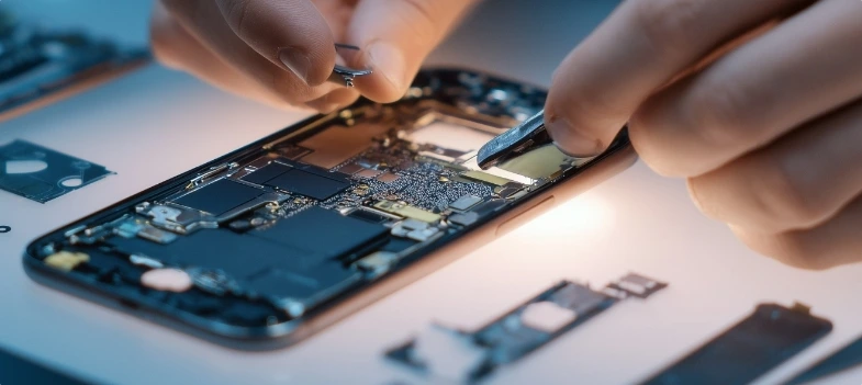 Nahaufnahme: Techniker repariert Smartphone-Platine mit Pinzette und Werkzeug, Handy-Reparatur, Elektronik-Service