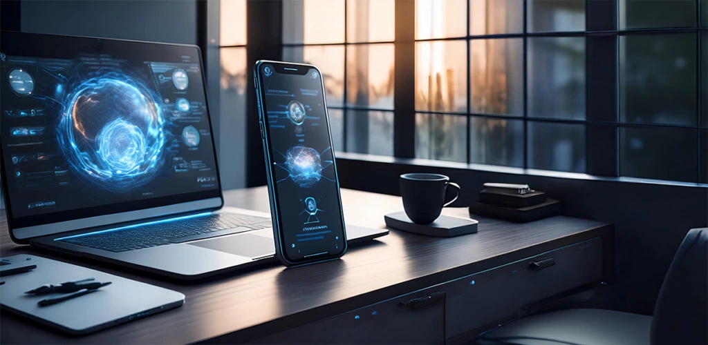 Laptop und Smartphone mit leuchtenden KI‑Visualisierungen auf Schreibtisch, Tasse und Fenster im Hintergrund, moderne AI‑Geräte
