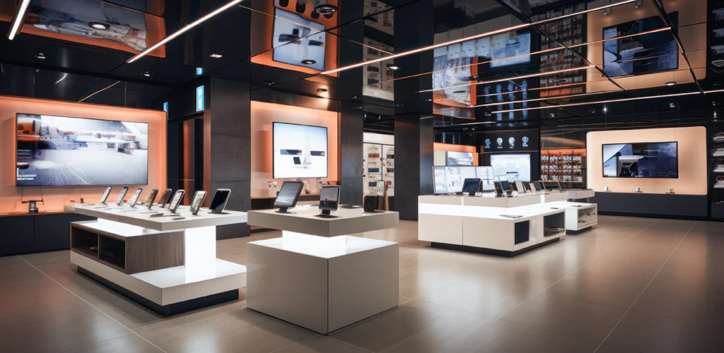 Moderner Elektronikladen mit ausgestellten Tablets, Laptops und großen Wanddisplays in hellem, minimalistischen Showroom