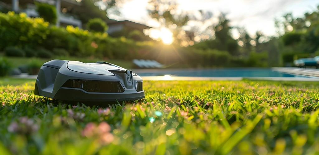 Autonomer Rasenmäherroboter fährt über grünen Rasen mit Blumen, Pool und Sonnenuntergang im Hintergrund
