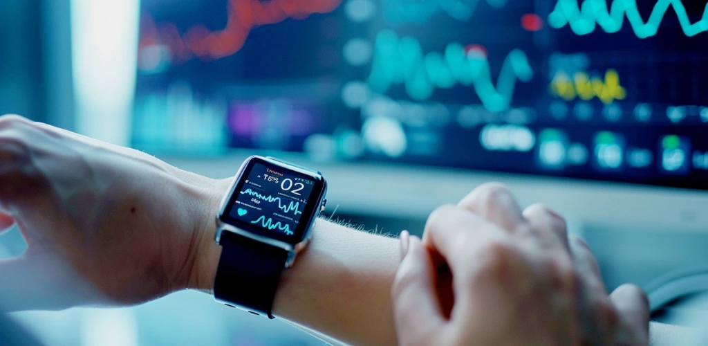 Smartwatch zeigt Herzfrequenz und EKG-Daten am Handgelenk vor Monitor mit Gesundheitsdaten, Healthtech-Wellness