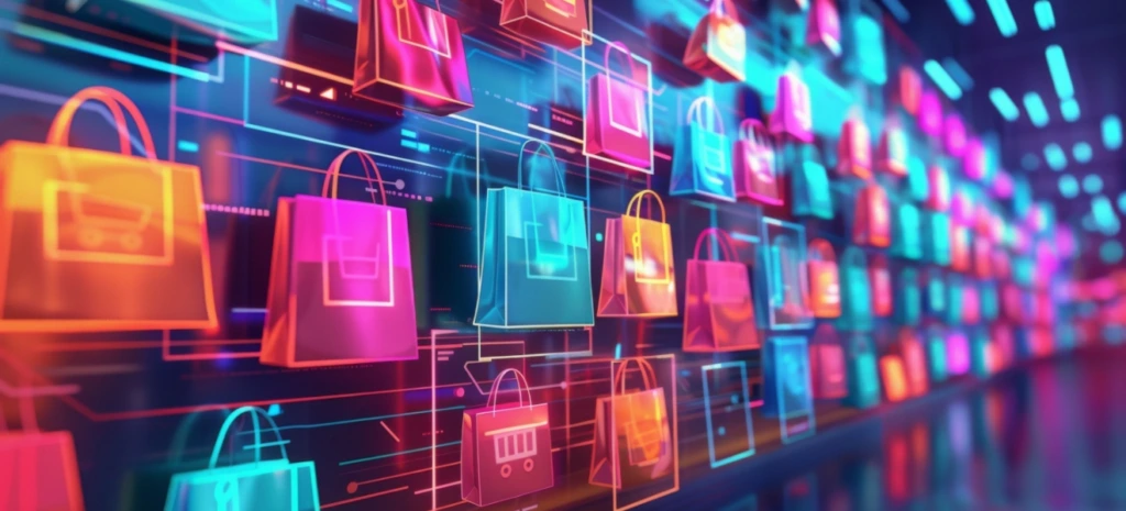 Bunte digitale Einkaufstaschen und Icons in Neon auf Display, symbolisieren E‑Commerce, Cyber Monday und Weihnachtsumsätze