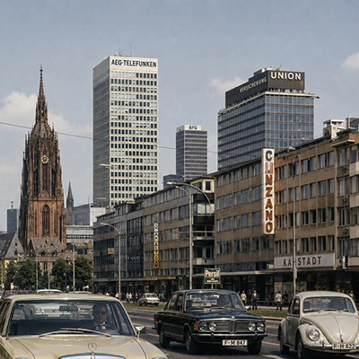 Stadtstraße 1970er mit Autos, Hochhäusern (AEG-Telefunken, Union), historischen Kirche im Hintergrund – GFU Historie, 1973