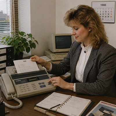 Sekretärin 1986 bedient Faxgerät im Büro mit PC, Kalender an der Wand und Schreibtischunterlagen (GFU Historie)