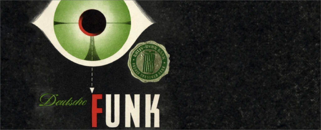 Schwarzes Retro-Plakat mit grünem Auge, Siegelsignet und Schriftzug „Deutsche FUNK“ (1950er IFA-Historie)