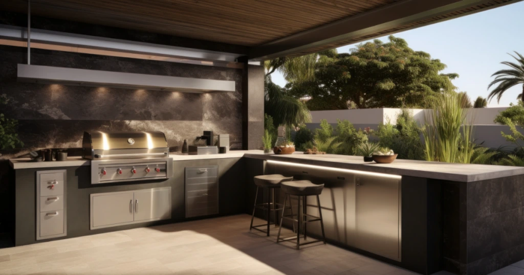 Moderne Outdoor-Küche mit Edelstahlgrill, Arbeitsfläche, Barhockern und grüner Gartensicht für Outdoor-Lifestyle und Genuss